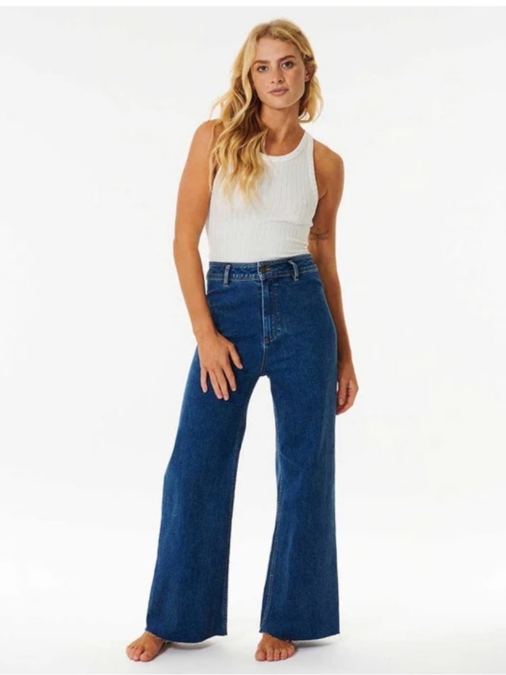 Rip Curl Holiday high waist wide leg jeans medium blue hemmed waist 28
